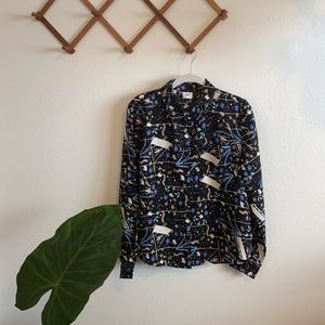 Black and blue floral geometric print button up